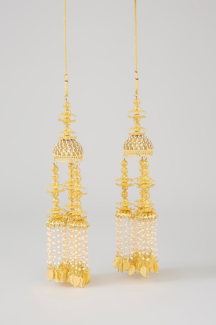Gold Finish Shell Charms & Pearl Kaleeras (Set Of 2) by Vivinia By Vidhi Mehra at Pernia's Pop Up Shop