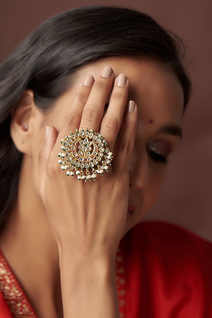 Gold Finish Kundan Polki Ring by Vivinia By Vidhi Mehra at Pernia's Pop Up Shop