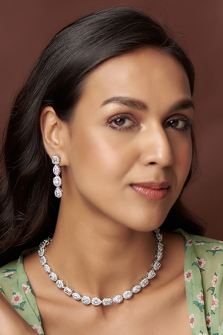 White Finish Zircon Necklace Set by Vivinia By Vidhi Mehra at Pernia's Pop Up Shop