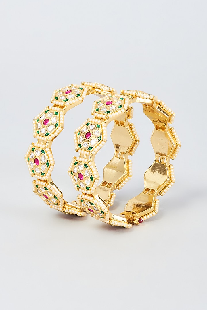 Gold Finish Kundan Polki & Pearl Bangles (Set Of 2) by Vivinia By Vidhi Mehra at Pernia's Pop Up Shop