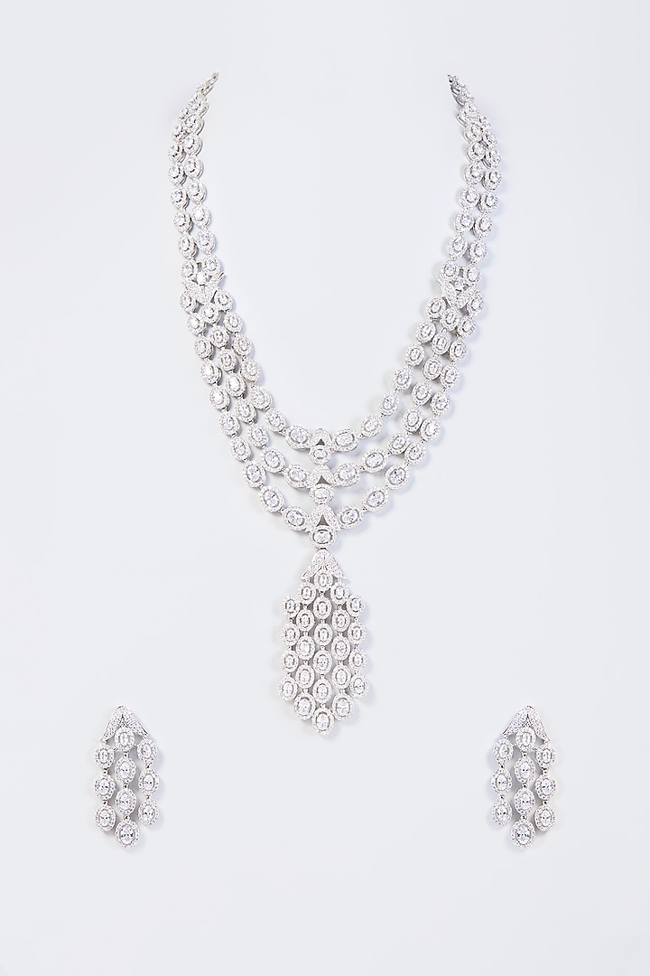 White Finish Zircon Long Necklace Set by Vivinia By Vidhi Mehra at Pernia's Pop Up Shop