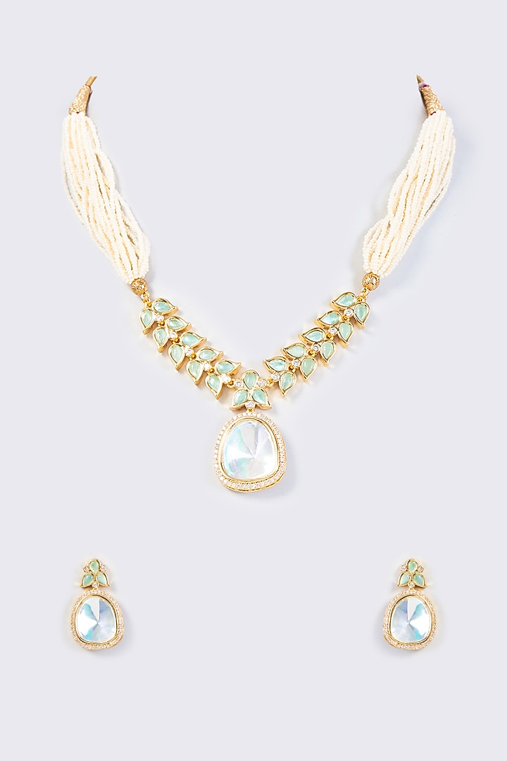 Gold Finish Kundan Polki & Diamond Choker Necklace Set by Vivinia By Vidhi Mehra at Pernia's Pop Up Shop
