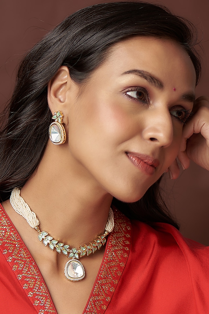 Gold Finish Kundan Polki & Diamond Choker Necklace Set by Vivinia By Vidhi Mehra at Pernia's Pop Up Shop