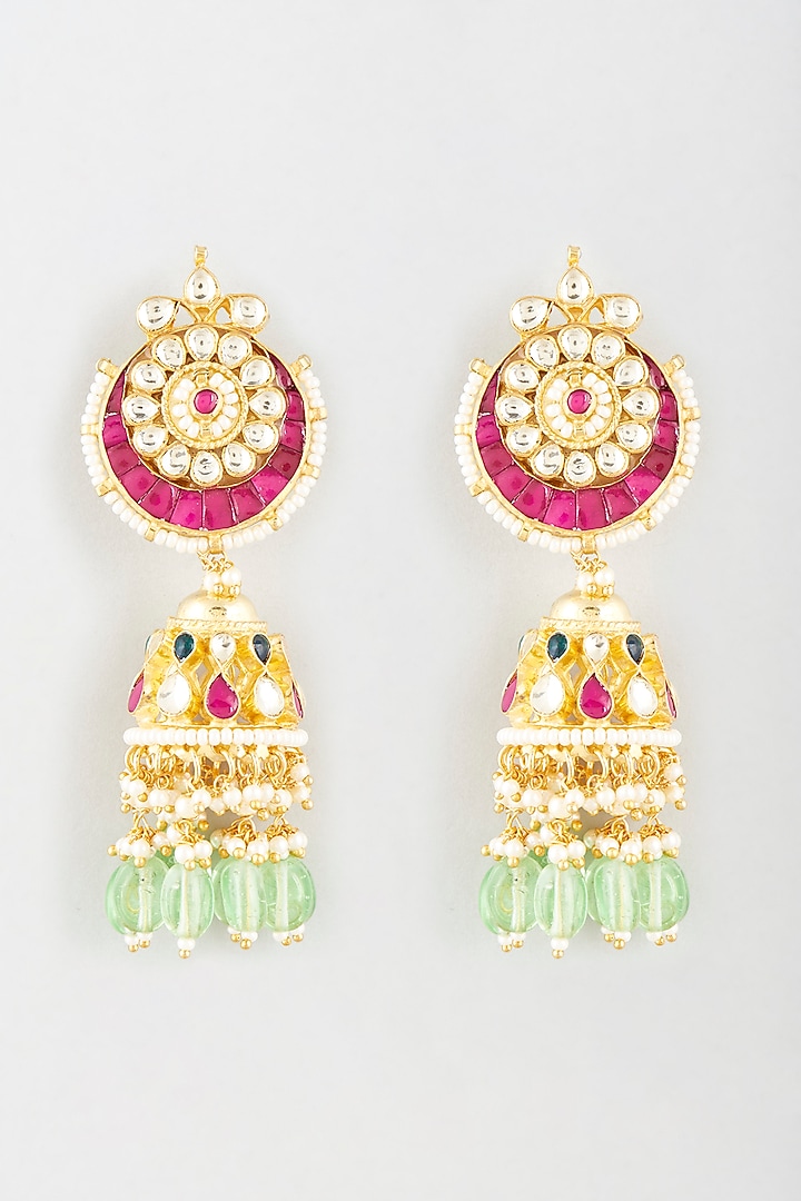 Gold Finish Kundan Polki & Ruby Stone Jhumka Earrings by Vivinia By Vidhi Mehra at Pernia's Pop Up Shop