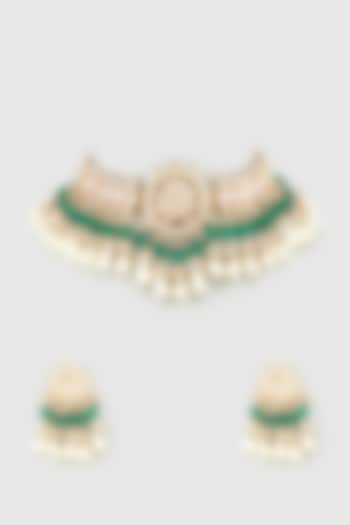 Gold Finish Green Kundan Polki & Green Beaded Choker Necklace Set by Vivinia By Vidhi Mehra at Pernia's Pop Up Shop