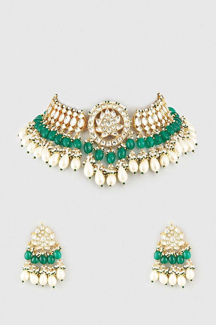 Gold Finish Green Kundan Polki & Green Beaded Choker Necklace Set by Vivinia By Vidhi Mehra at Pernia's Pop Up Shop
