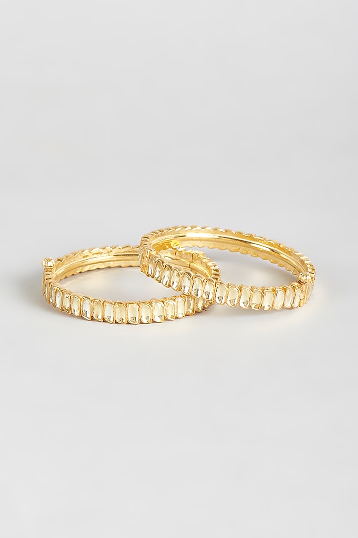Gold Finish Kundan Polki Bangles (Set of 2) by Vivinia By Vidhi Mehra at Pernia's Pop Up Shop