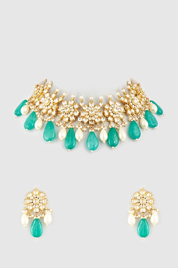 Gold Finish Kundan Polki & Green Beaded Choker Necklace Set by Vivinia By Vidhi Mehra at Pernia's Pop Up Shop