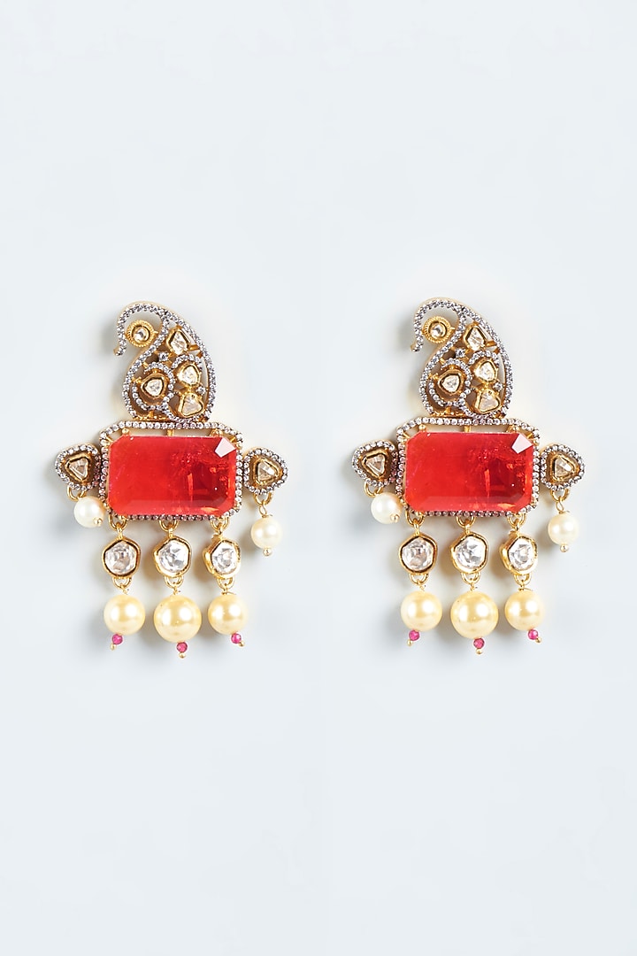 Gold Finish Kundan Polki & Red Synthetic Stone Dangler Earrings by Vivinia By Vidhi Mehra at Pernia's Pop Up Shop
