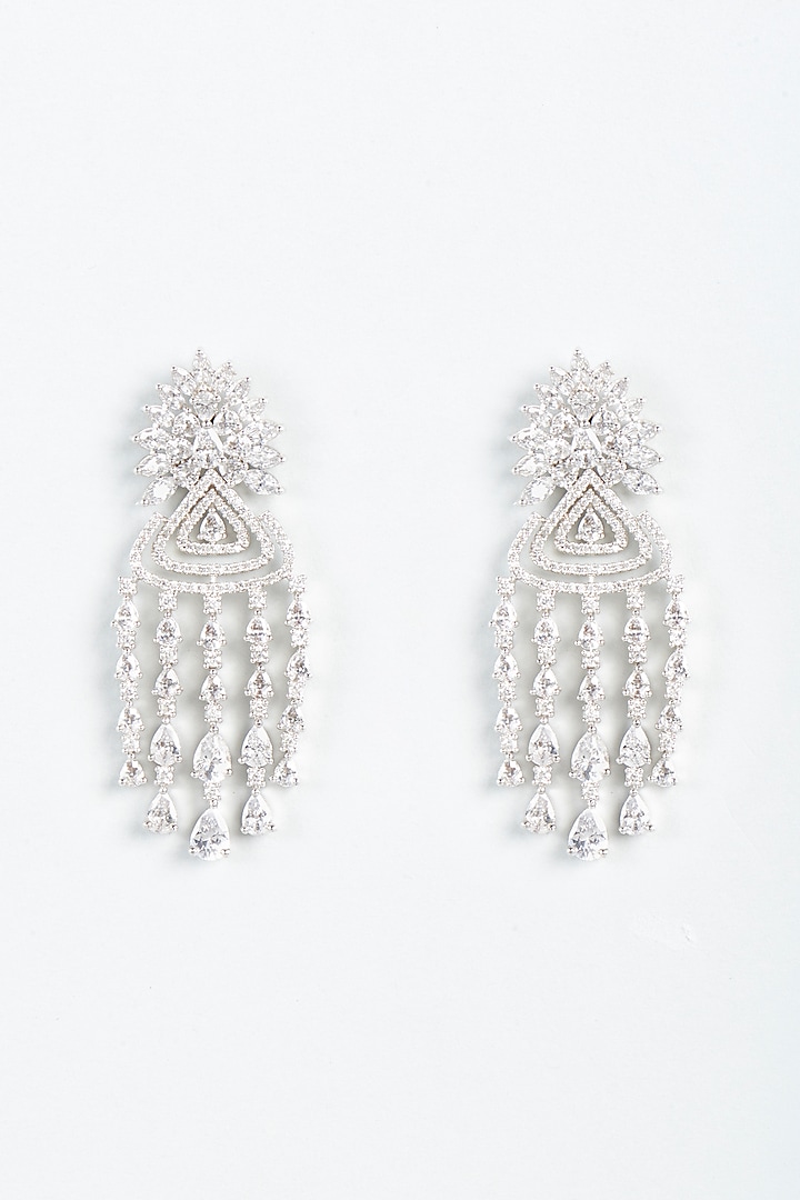 White Finish Long Earrings With Zircons by Vivinia By Vidhi Mehra