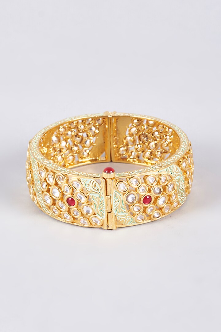 Gold Finish Kundan Polki Bangle by Vivinia By Vidhi Mehra at Pernia's Pop Up Shop