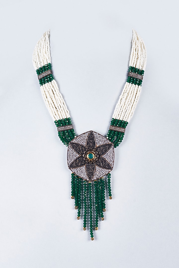 White & Green Semi-Precious Stone Beaded Mala by Vivinia By Vidhi Mehra at Pernia's Pop Up Shop