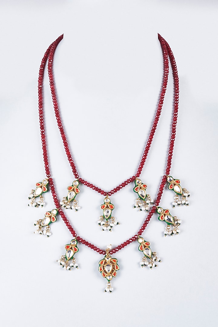 Red Beaded & Semi-Precious Stones Temple Mala by Vivinia By Vidhi Mehra at Pernia's Pop Up Shop