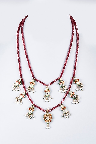 Red Beaded & Semi-Precious Stones Temple Mala by Vivinia By Vidhi Mehra