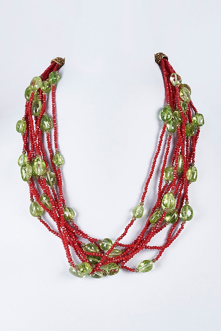 Red & Green Semi-Precious Stone Beaded Mala Set by Vivinia By Vidhi Mehra at Pernia's Pop Up Shop