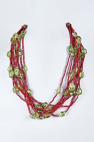Red & Green Semi-Precious Stone Beaded Mala Set by Vivinia By Vidhi Mehra