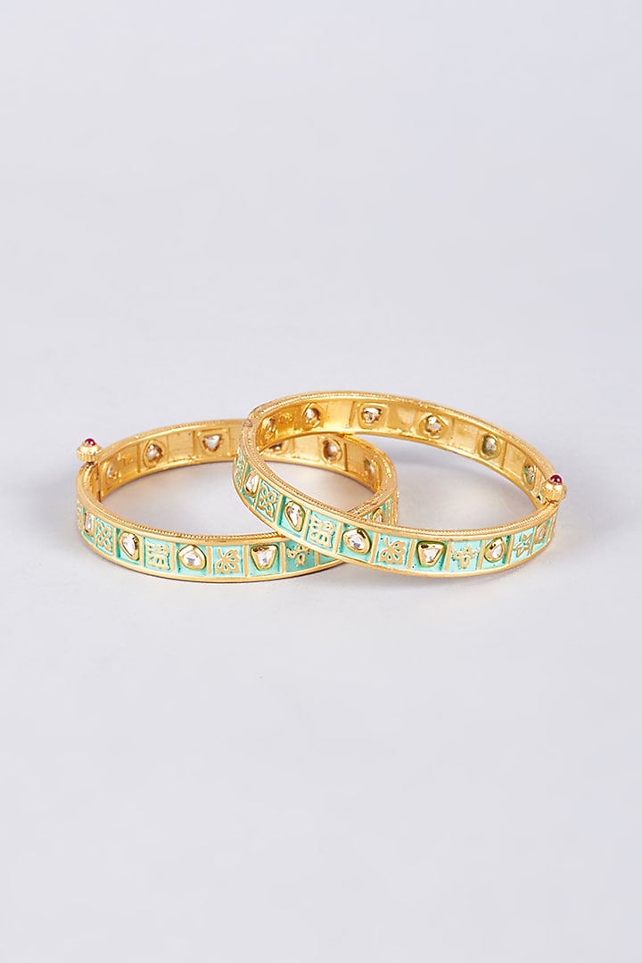 Gold Finish Green Kundan Polki Bangles (Set of 2) by Vivinia By Vidhi Mehra at Pernia's Pop Up Shop