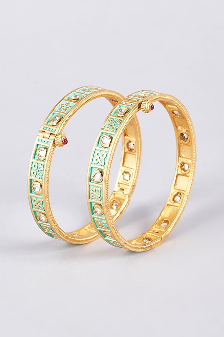 Gold Finish Green Kundan Polki Bangles (Set of 2) by Vivinia By Vidhi Mehra at Pernia's Pop Up Shop