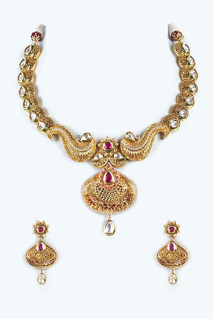 Gold Finish Kundan Polki & Semi-Precious Beaded Handmade Temple Necklace Set by Vivinia By Vidhi Mehra at Pernia's Pop Up Shop