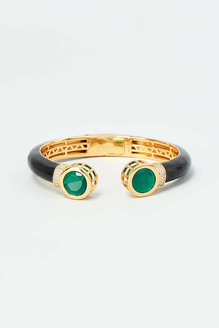 Gold Finish Zircon & Green Synthetic Stone Enameled Bangle by Vivinia By Vidhi Mehra at Pernia's Pop Up Shop