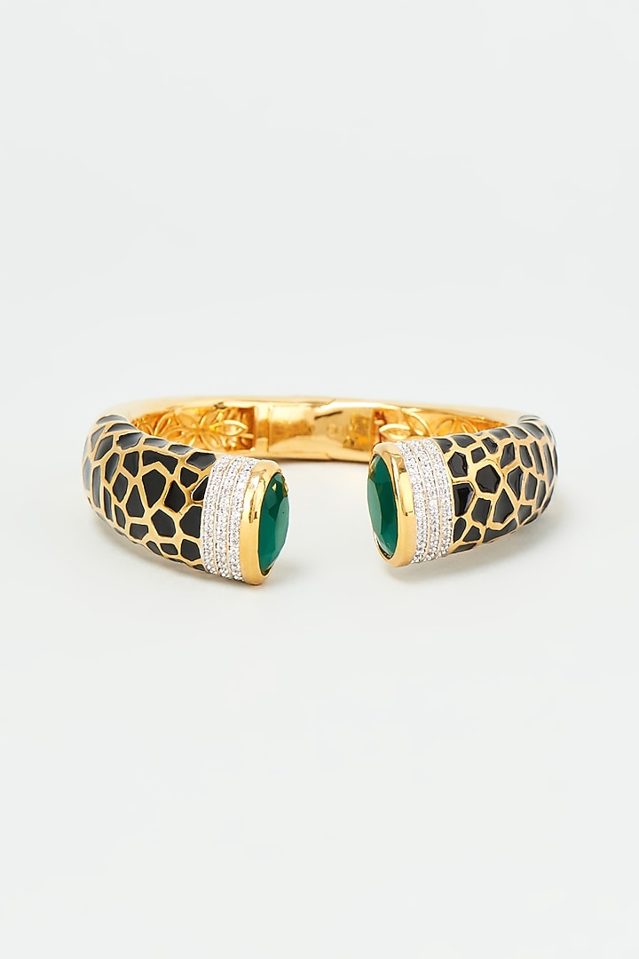 Gold Finish Zircon & Green Synthetic Stone Enameled Bangle by Vivinia By Vidhi Mehra at Pernia's Pop Up Shop