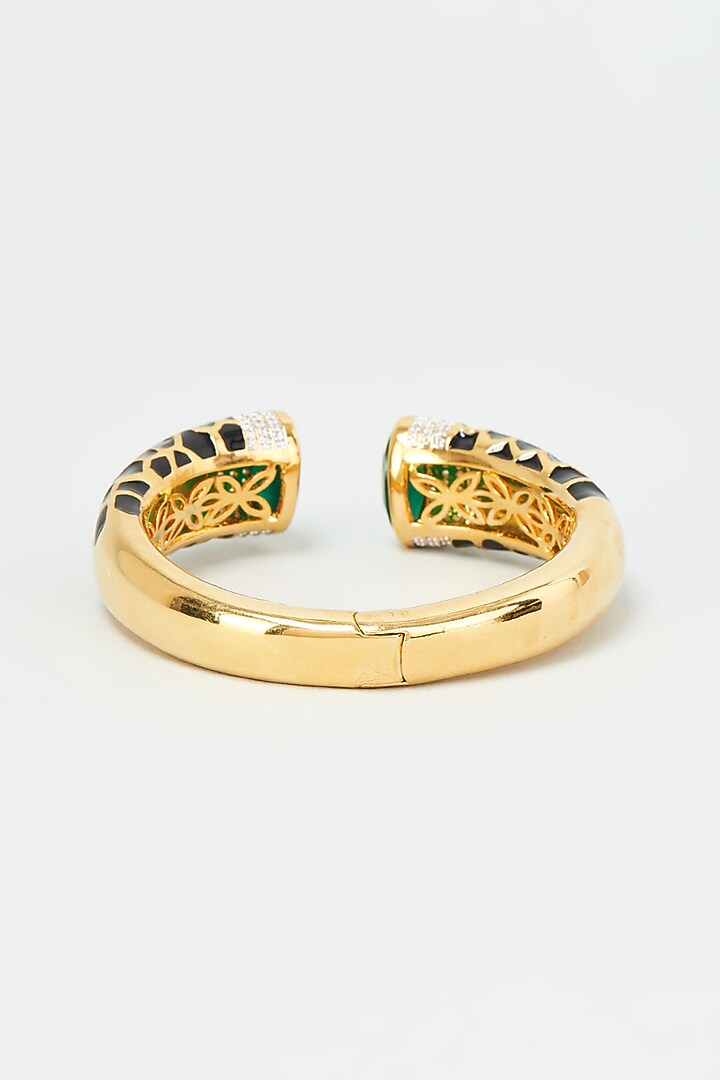 Gold Finish Zircon & Green Synthetic Stone Enameled Bangle by Vivinia By Vidhi Mehra at Pernia's Pop Up Shop
