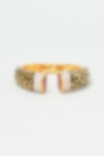 Gold Finish Zircon & Ruby Synthetic Stone Enameled Bangle by Vivinia By Vidhi Mehra at Pernia's Pop Up Shop