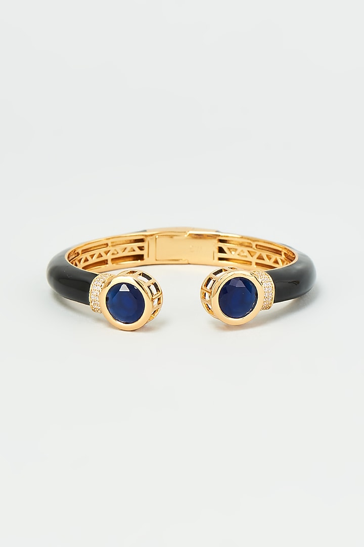 Gold Finish Blue Stone & Zircon Enameled Bangle by Vivinia By Vidhi Mehra at Pernia's Pop Up Shop