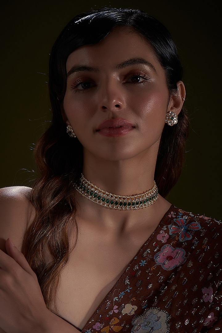 Gold Finish Kundan Polki & Green Stone Choker Necklace Set by Vivinia By Vidhi Mehra at Pernia's Pop Up Shop