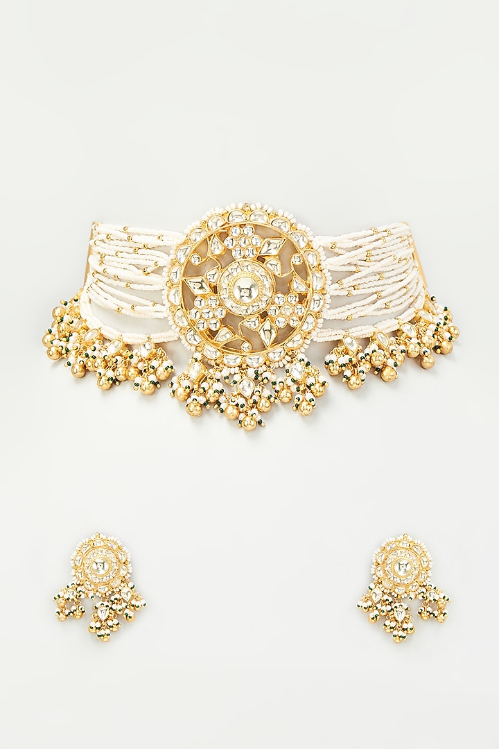 Gold Finish Kundan Polki & Pearl Temple Choker Necklace Set by Vivinia By Vidhi Mehra at Pernia's Pop Up Shop