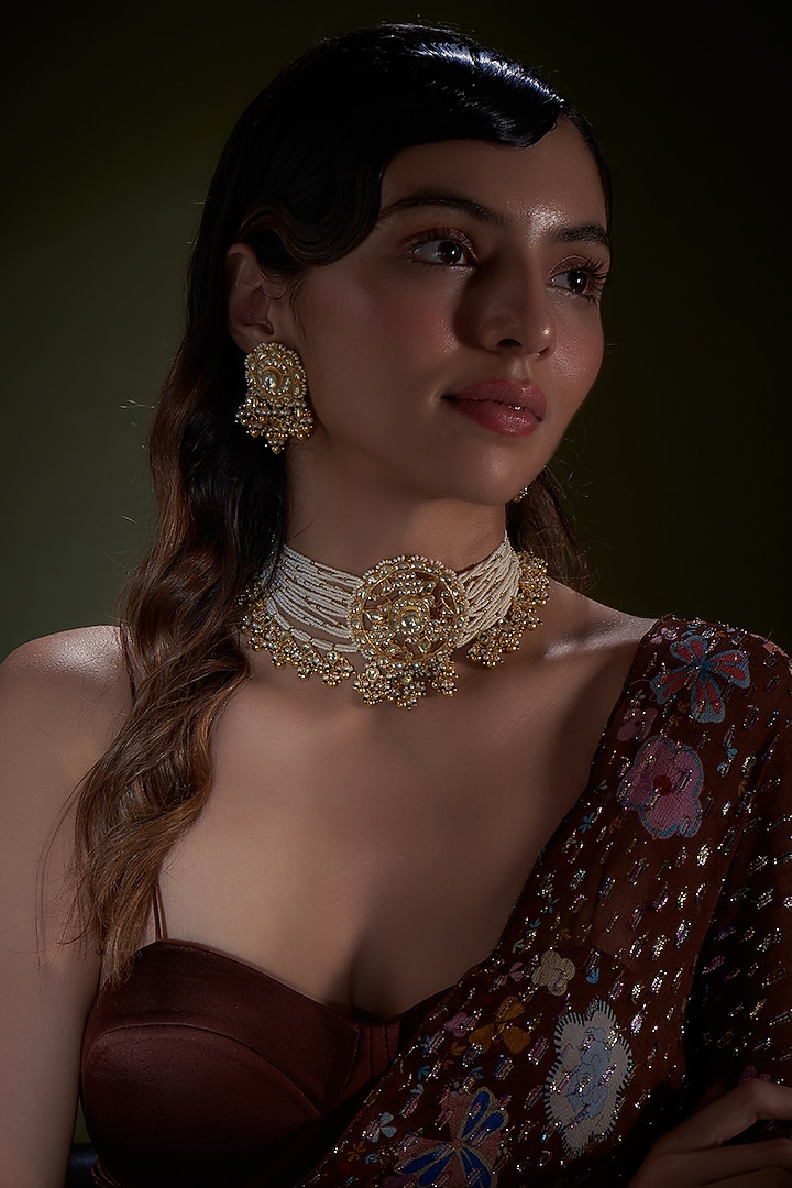 Gold Finish Kundan Polki & Pearl Temple Choker Necklace Set by Vivinia By Vidhi Mehra at Pernia's Pop Up Shop