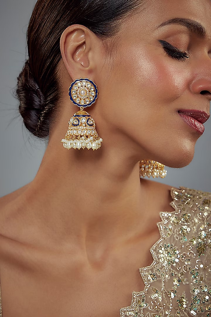 Gold Finish Kundan Polki Jhumka Earrings by Vivinia By Vidhi Mehra at Pernia's Pop Up Shop