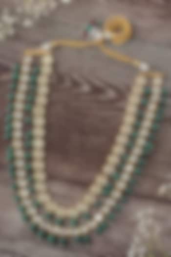 Gold Finish Kundan Polki & Green Beaded Layered Necklace by Vivinia By Vidhi Mehra at Pernia's Pop Up Shop