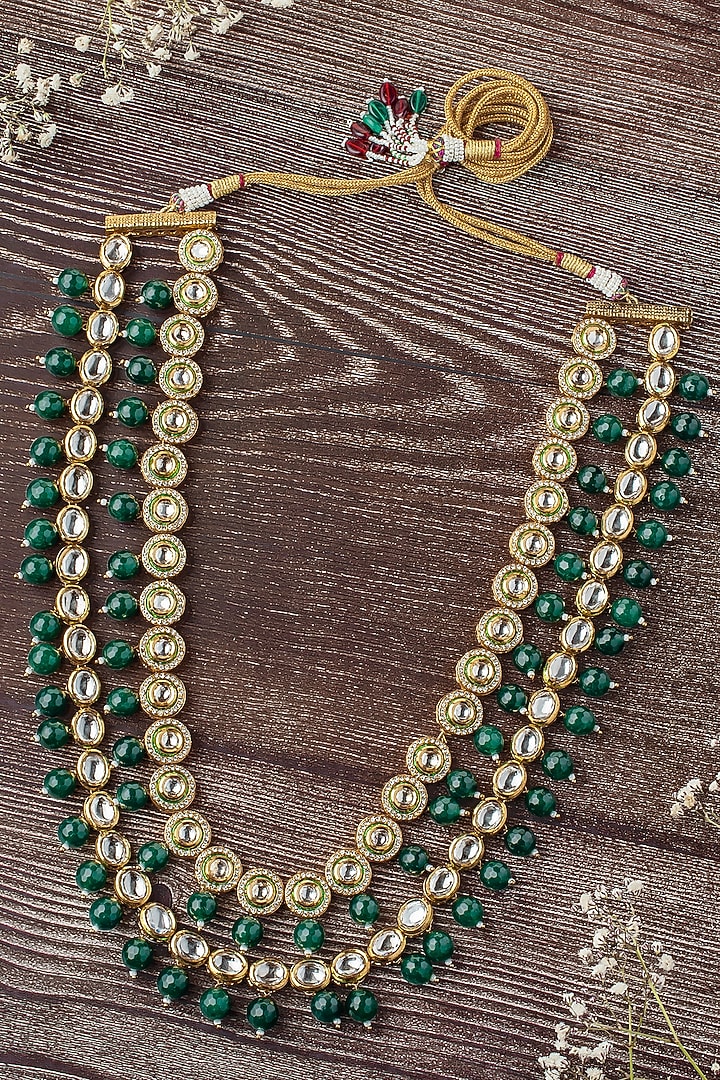Gold Finish Kundan Polki & Green Beaded Layered Necklace by Vivinia By Vidhi Mehra at Pernia's Pop Up Shop