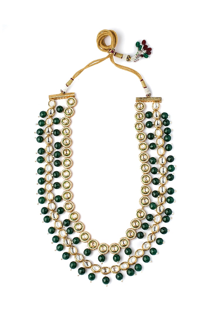 Gold Finish Kundan Polki & Green Beaded Layered Necklace by Vivinia By Vidhi Mehra at Pernia's Pop Up Shop