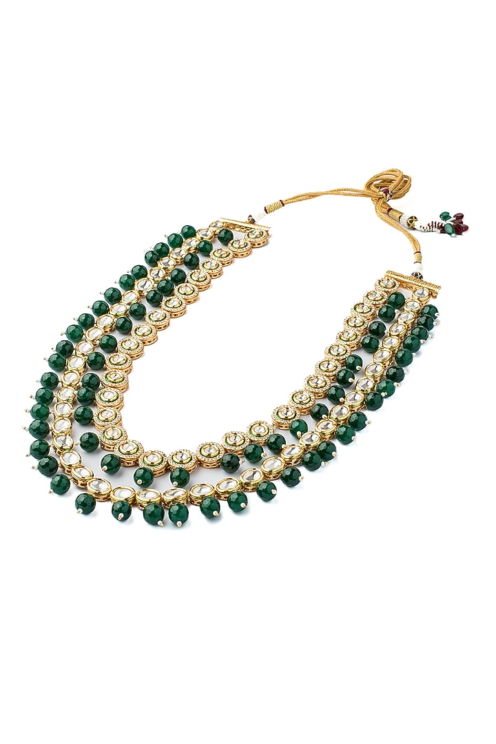 Gold Finish Kundan Polki & Green Beaded Layered Necklace by Vivinia By Vidhi Mehra at Pernia's Pop Up Shop