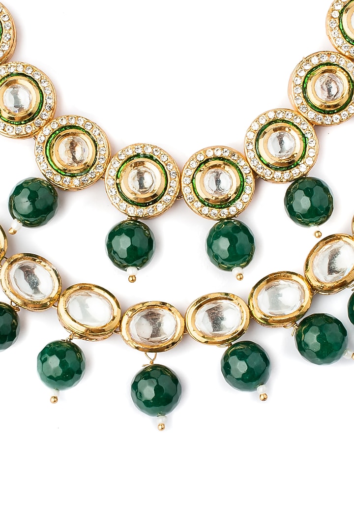 Gold Finish Kundan Polki & Green Beaded Layered Necklace by Vivinia By Vidhi Mehra at Pernia's Pop Up Shop