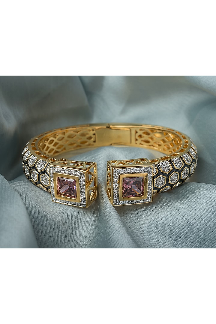 Gold Finish Pink Gemstone Floral Cuff Kada by Vivinia By Vidhi Mehra at Pernia's Pop Up Shop