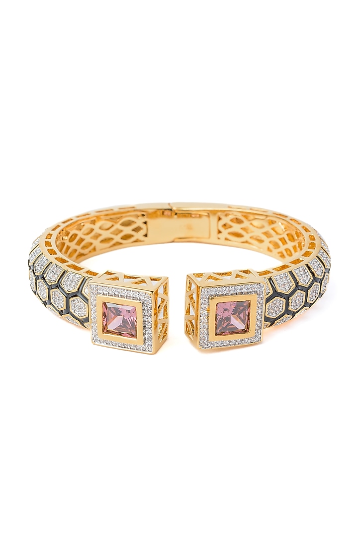 Gold Finish Pink Gemstone Floral Cuff Kada by Vivinia By Vidhi Mehra at Pernia's Pop Up Shop