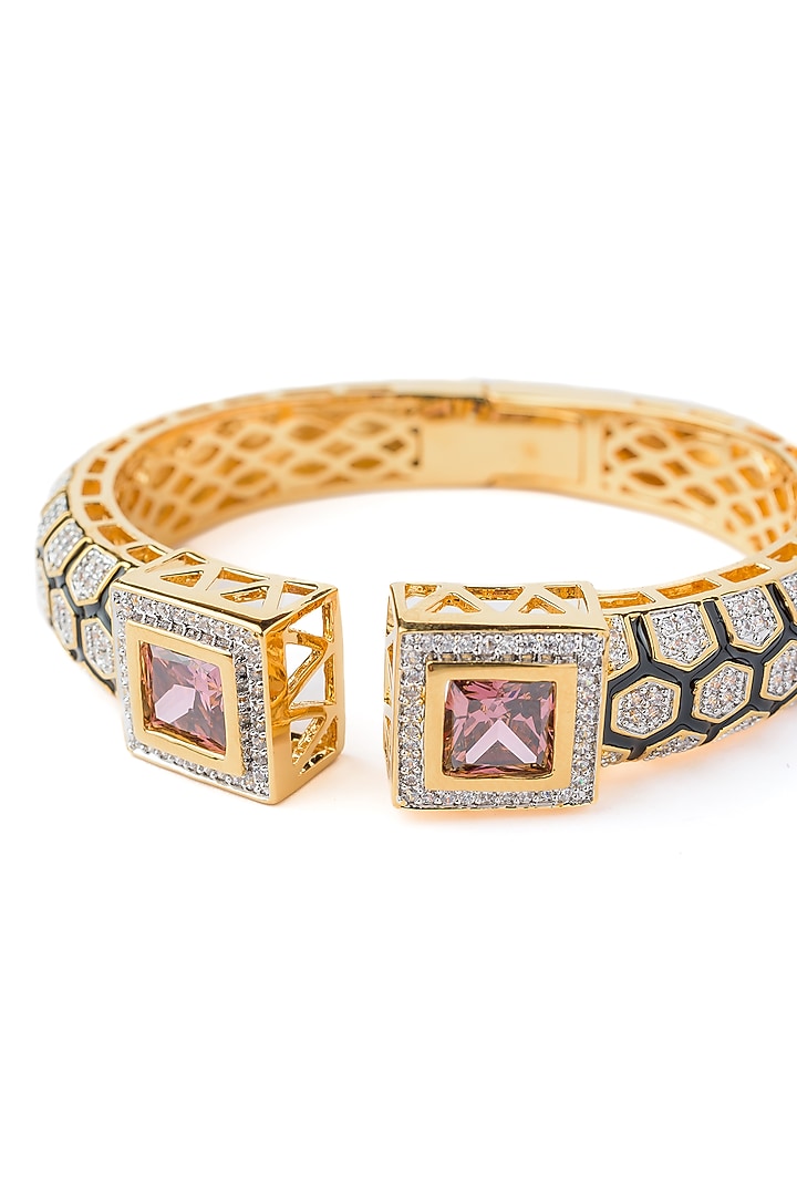 Gold Finish Pink Gemstone Floral Cuff Kada by Vivinia By Vidhi Mehra at Pernia's Pop Up Shop