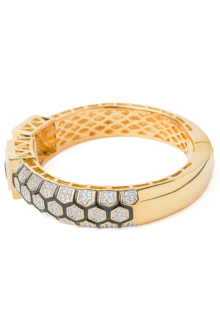 Gold Finish Blue Gemstone Floral Cuff Kada by Vivinia By Vidhi Mehra at Pernia's Pop Up Shop
