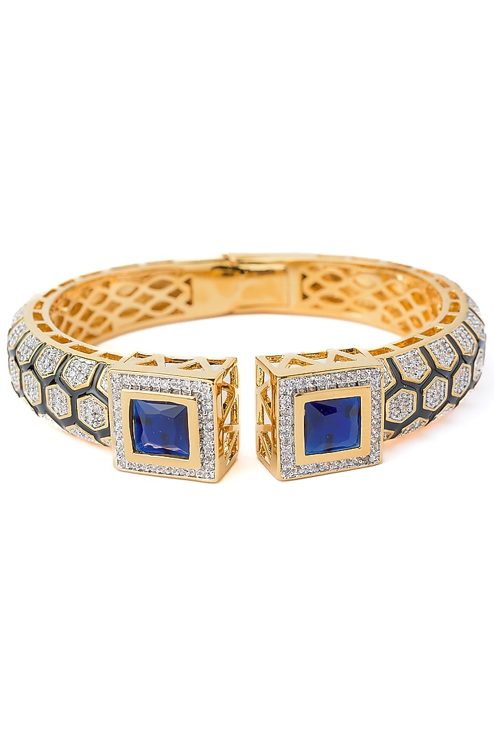 Gold Finish Blue Gemstone Floral Cuff Kada by Vivinia By Vidhi Mehra at Pernia's Pop Up Shop