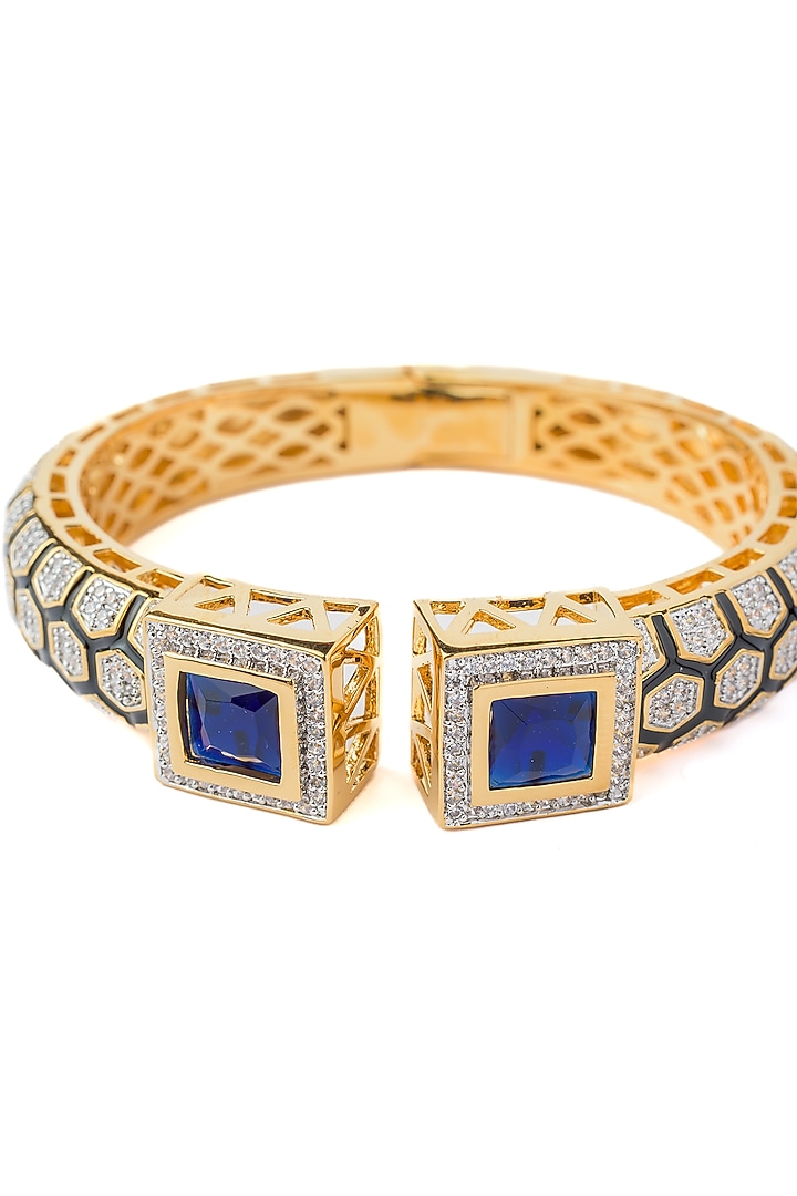 Gold Finish Blue Gemstone Floral Cuff Kada by Vivinia By Vidhi Mehra at Pernia's Pop Up Shop