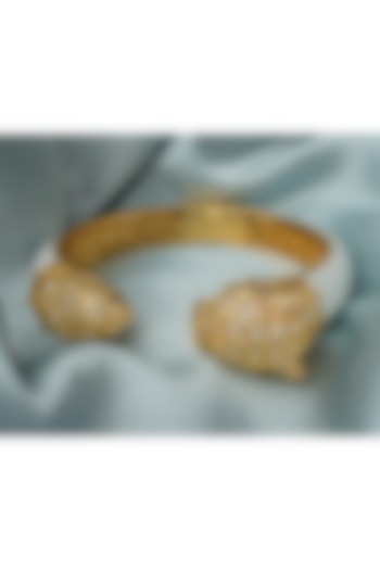 Gold Finish Cubic Zirconia Floral Cuff Kada by Vivinia By Vidhi Mehra at Pernia's Pop Up Shop