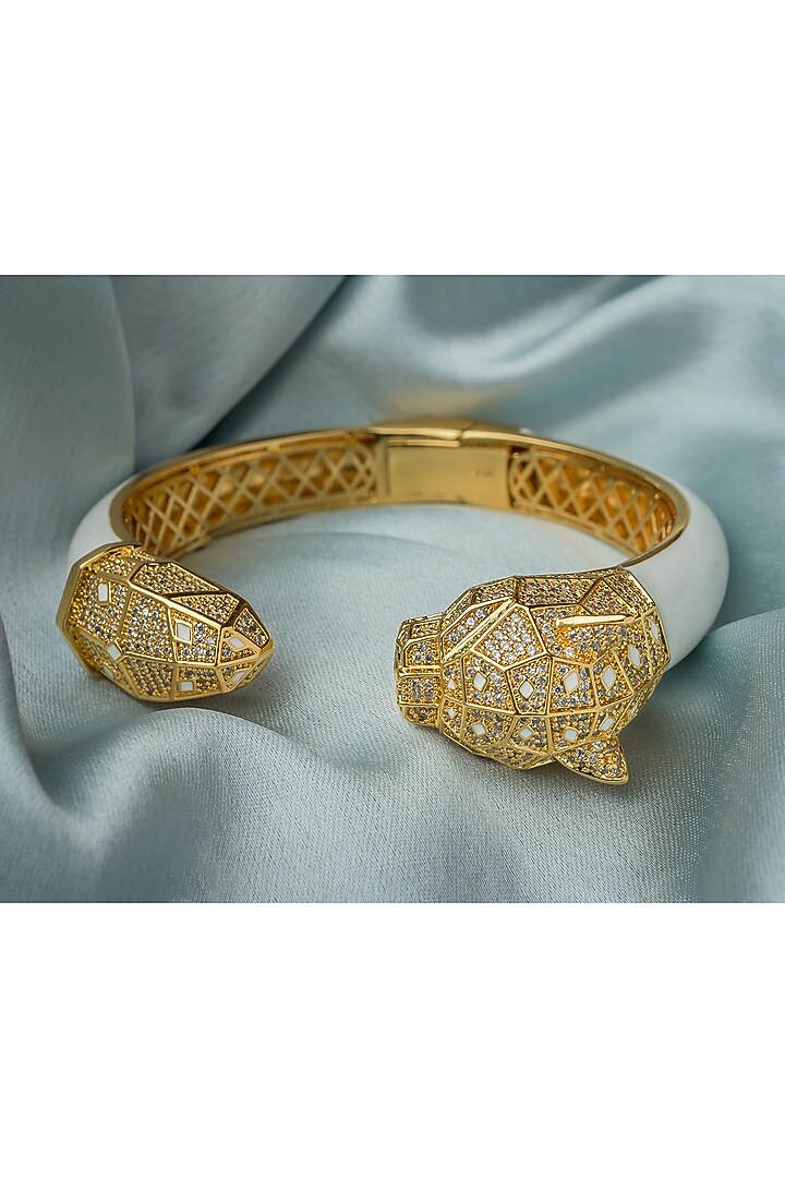 Gold Finish Cubic Zirconia Floral Cuff Kada by Vivinia By Vidhi Mehra at Pernia's Pop Up Shop
