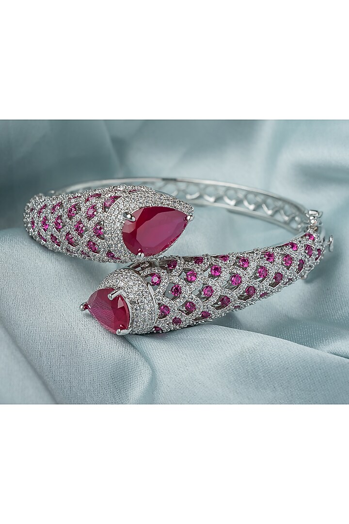 Silver Finish Pink Gemstone Floral Kada by Vivinia By Vidhi Mehra at Pernia's Pop Up Shop