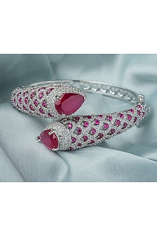 Silver Finish Pink Gemstone Floral Kada by Vivinia By Vidhi Mehra