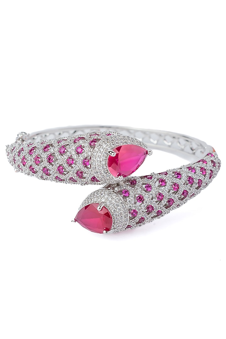 Silver Finish Pink Gemstone Floral Kada by Vivinia By Vidhi Mehra at Pernia's Pop Up Shop