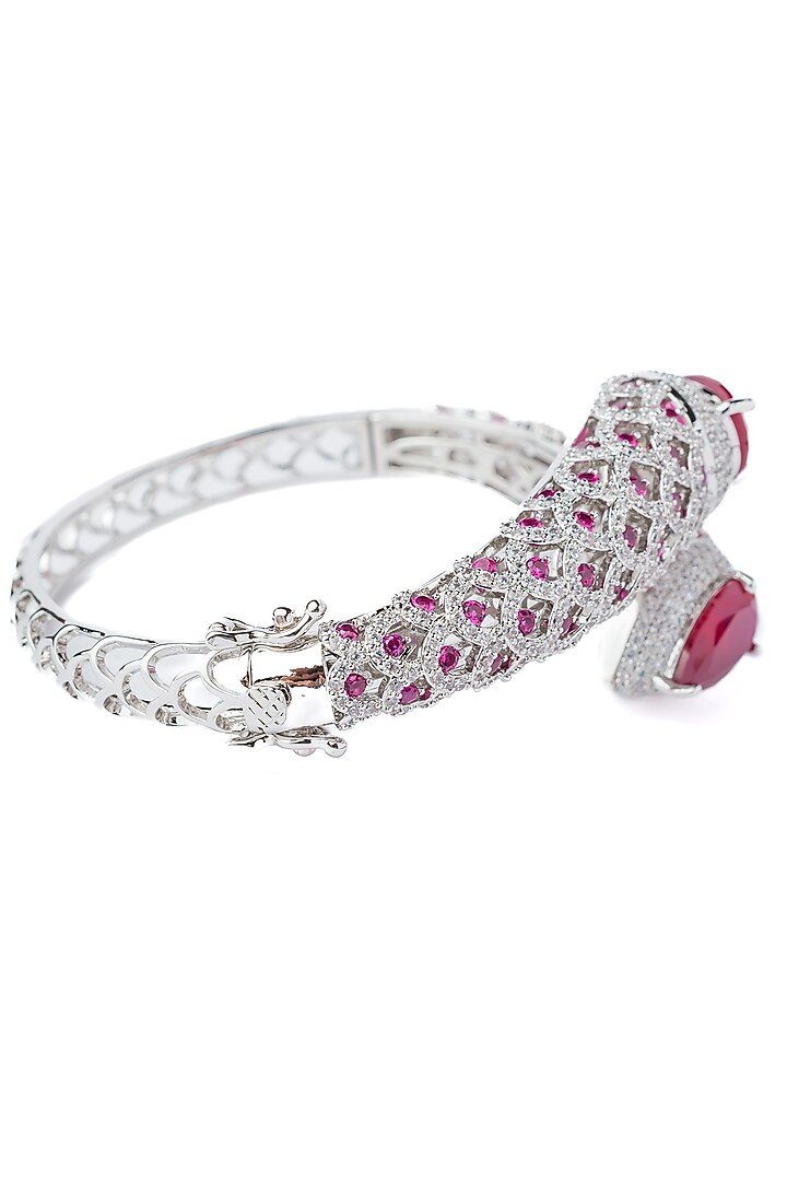 Silver Finish Pink Gemstone Floral Kada by Vivinia By Vidhi Mehra at Pernia's Pop Up Shop