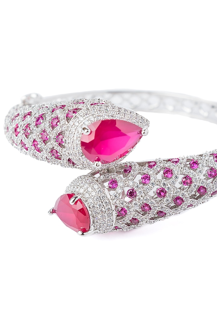 Silver Finish Pink Gemstone Floral Kada by Vivinia By Vidhi Mehra at Pernia's Pop Up Shop
